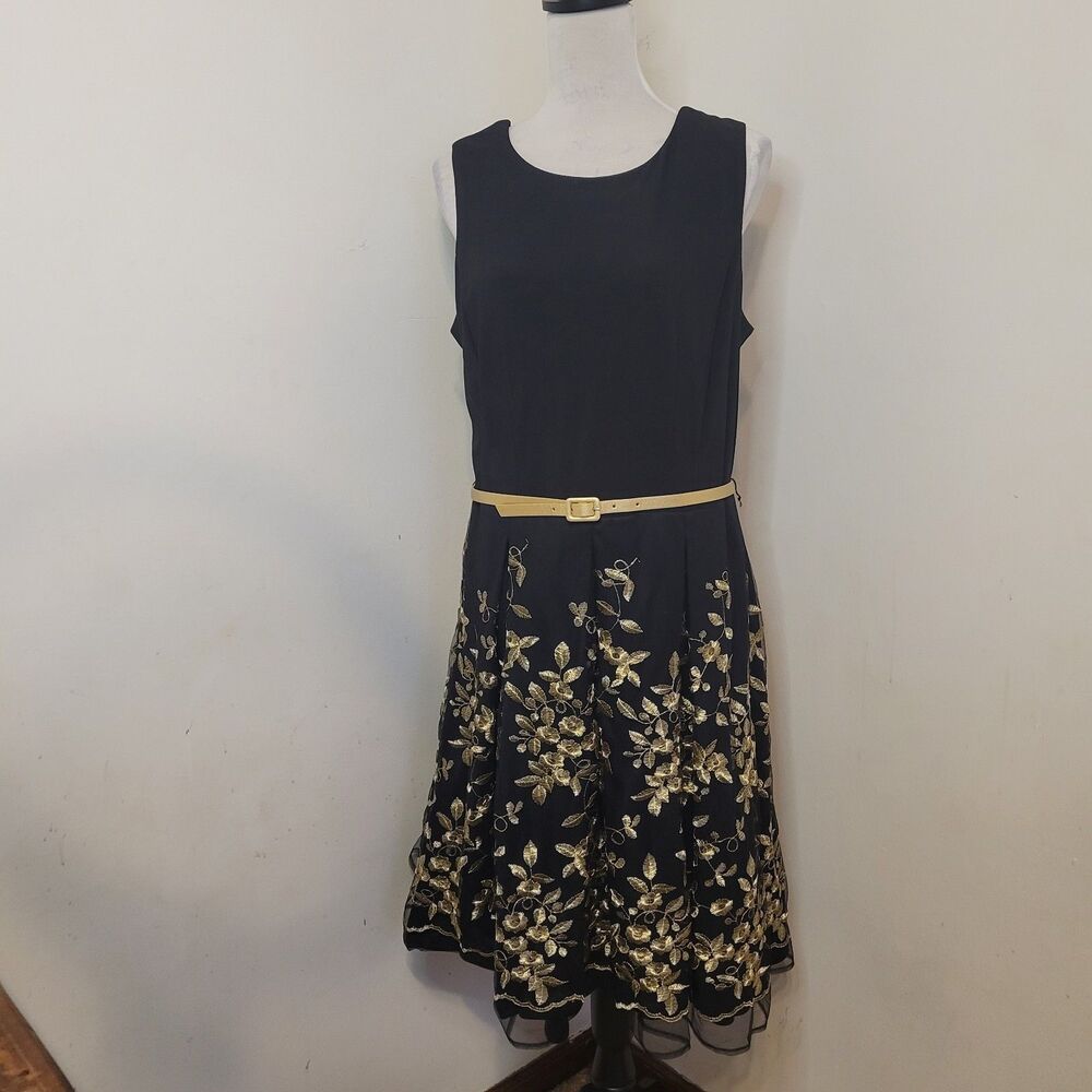 R&K Black‎ & Gold Sleeveless Dress Women’s Size 14 New With Tags Gold Belt